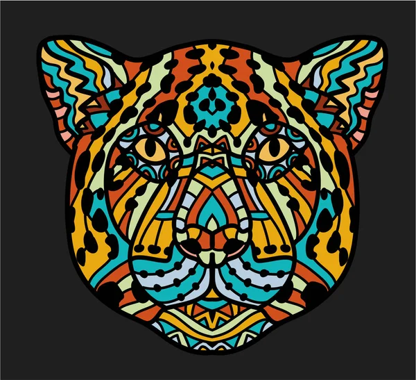Gemusterter Jaguar-Kopf. Anti-Stress-Malseite für Erwachsene. schwarz weiß und Farbe handgezeichnetes Tier. afrikanisches, indisches Totem-Tätowierdesign. T-Shirt, Tasche, Postkarte, Plakatgestaltung — Stockvektor