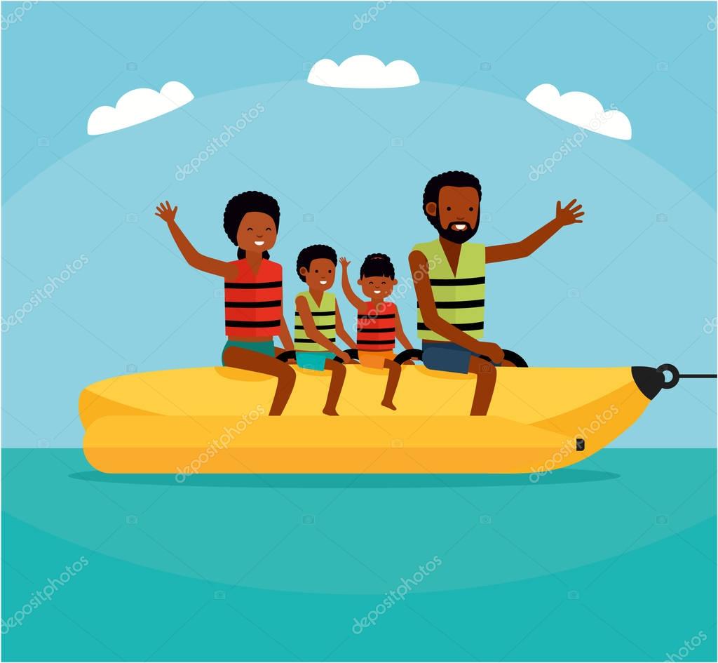 Family riding banana boat. Summer vacation time vector