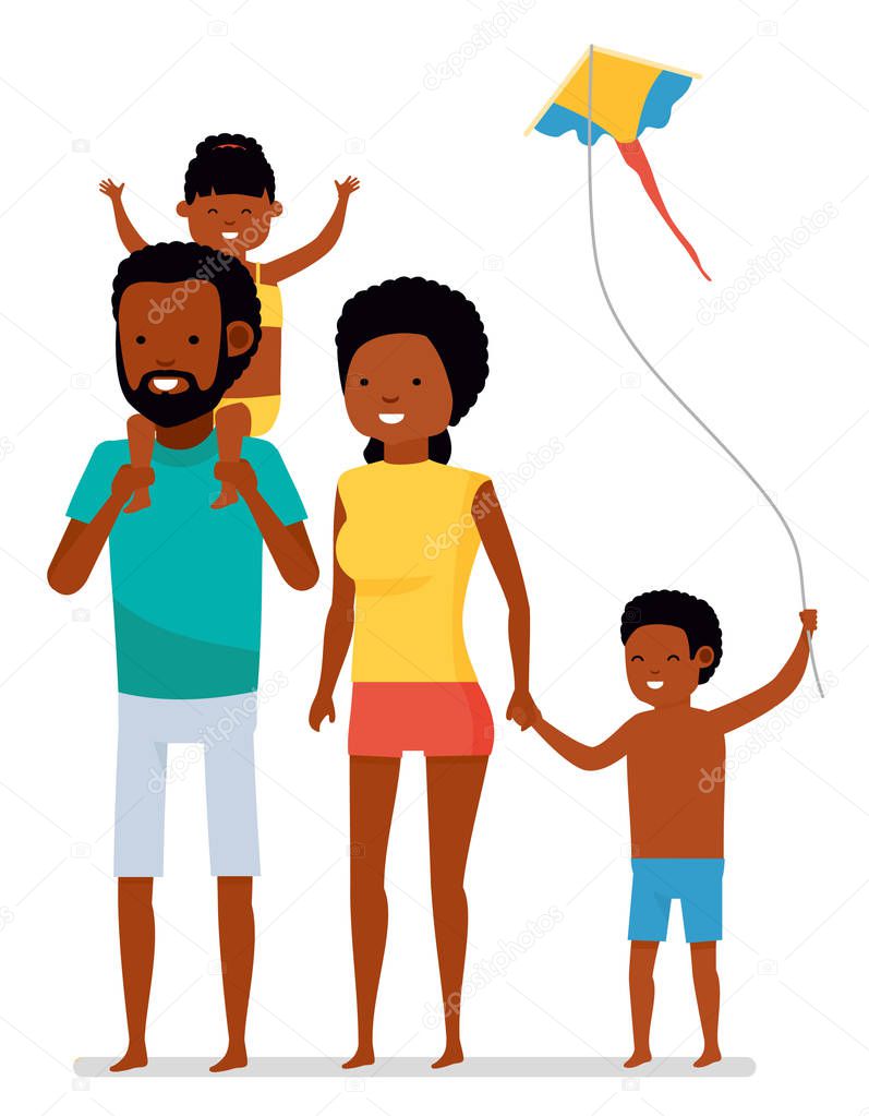 Beautiful african american family isolated on white background. Summer vacation. Flat cartoon illustration.
