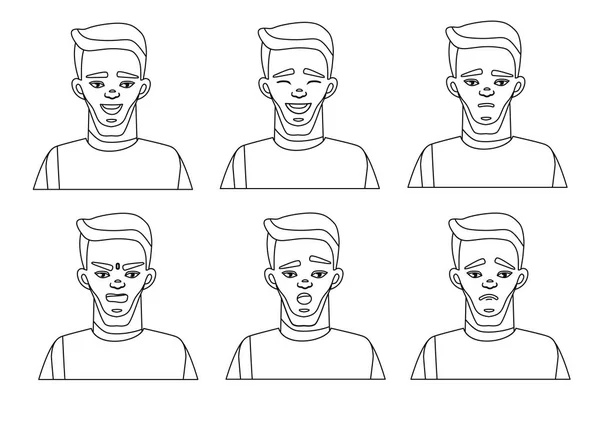 Jedna linia rysunku zestaw męskiej twarzy emocji. Ilustracja wektorowa w stylu cartoon. Wyrażeń Facialized — Wektor stockowy