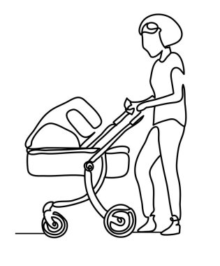 Sürekli çizgi çizme. Bir satır. Bebek arabasındaki bebek kadınla el ile resim çizilmiş. Hat sanatı. bir yolda bir bebekle anne. İnsanlar parkta. Kroki