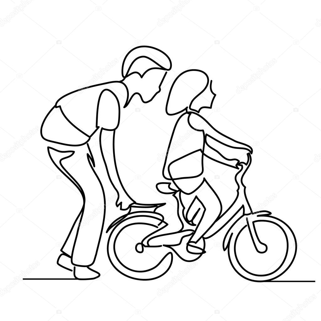 One line drawing of father helping child to drive bicycle. People in the Park. sketch