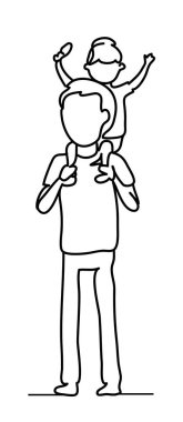 Baba ve kızı parkta bir yürüyüş üzerinde bir çizim için. İnsanlar parkta. Çizgilerle çizim vektör siyah-beyaz. Aile kavramı. Her gün mutluluk