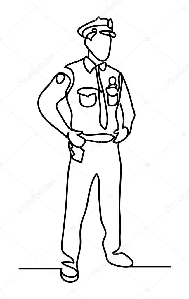 Police officer isolated on a white background. Continuous line drawing. Vector monochrome, drawing by lines