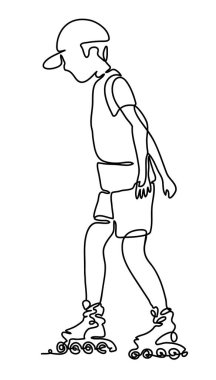 Tekerlekli paten komik adam. Sürekli çizgi çizme. Çizgilerle çizim vektör siyah-beyaz. İnsanlar parkta. Aile kavramı. Her gün mutluluk