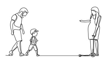 Park aile yürüyüş. Sürekli çizgi çizme. Çizgilerle çizim vektör siyah-beyaz. İnsanlar parkta. Aile kavramı. Her gün mutluluk