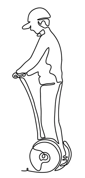 Illustration eines jungen Mannes, der Einrad fährt. einrädriges, selbstausgleichendes Elektro-Einrad-Konzept. Ständige Linienziehung. Vektor monochrom, Zeichnung durch Linien. Skizze — Stockvektor