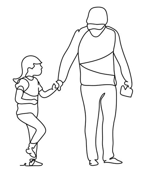 Padre con su hija. Feliz día de la familia y del padre. Dibujo continuo de línea. Vector monocromo, dibujo por líneas. Gente en el parque. Concepto familiar. La felicidad en lo cotidiano — Vector de stock