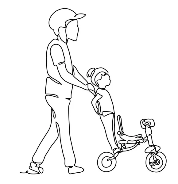 Padre caminando con su hija en Park, padre ayudando a su hija a montar en bicicleta. Dibujo continuo de líneas.Vector monocromo, dibujo por líneas. Gente en el parque. Concepto familiar. La felicidad en lo cotidiano — Vector de stock