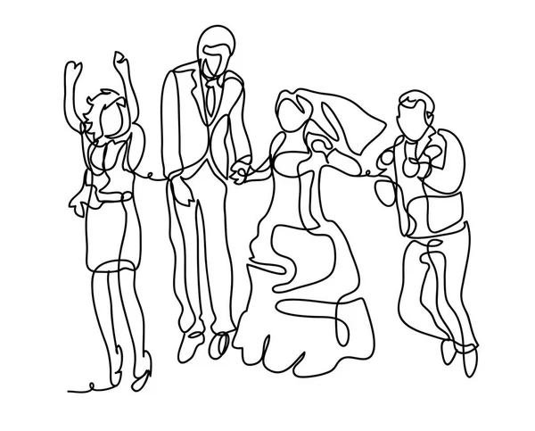 Springen in de wedding day. Bruidspaar. Continu lijntekening. Geïsoleerd op de witte achtergrond. Vector monochroom, tekening door lijnen — Stockvector