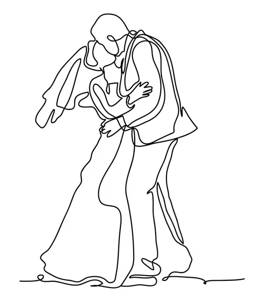 Bruden och brudgummen, Kyssar romantisk gift par. Kontinuerlig linje ritning. Isolerad på den vita bakgrunden. Vector monokrom, teckning av linjer. skiss — Stock vektor