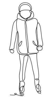 Kış eğlence. Bir adam bir buz pateni biniyor. Sürekli çizgi çizme. Beyaz arka plan üzerinde izole. Beyaz izole. Aile eğlencesi dışında