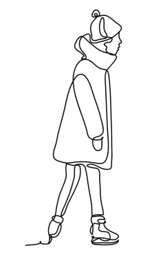 Kız buz paten üzerinde sürme. Sürekli çizgi çizme. Beyaz arka plan üzerinde izole. Beyaz izole. Her gün mutluluk