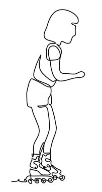 Bir park paten kız. Beyaz arka plan üzerinde izole. Sürekli çizgi çizme. Çizgilerle çizim vektör siyah-beyaz. İnsanlar Park.