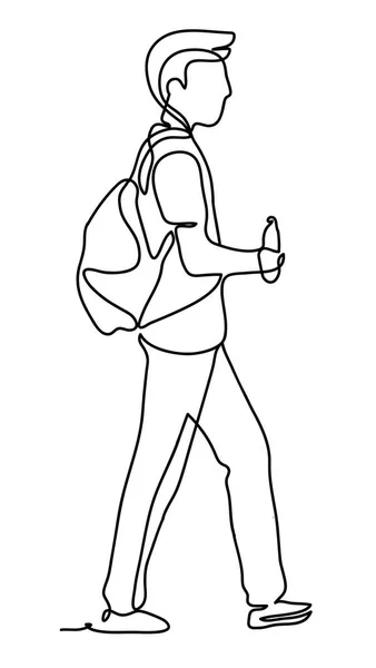Guy marche ou voyage en ville. Le voyageur porte un sac. Il tient une bouteille d'eau. Dessin en continu. Vecteur monochrome, dessin par lignes. Les gens dans le parc . — Image vectorielle