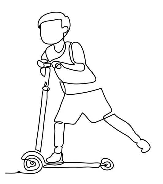 Ilustración vectorial de un niño jugando una scooter. Aislado sobre fondo blanco. Dibujo continuo de línea. Vector monocromo, dibujo por líneas. Gente en el parque . — Vector de stock