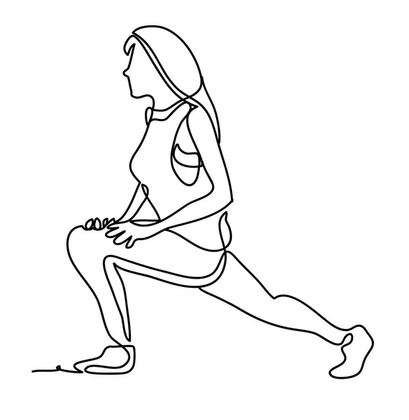 Femme faisant de la gymnastique la pose du demi-pont dans le studio de fitness. Dessin en continu. Isolé sur le fond blanc. Vecteur monochrome, dessin par lignes . — Image vectorielle