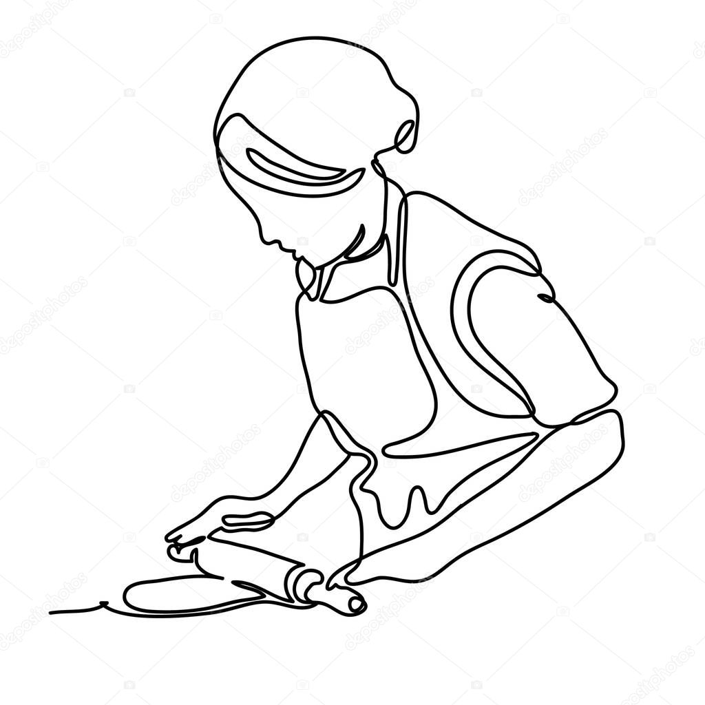 Woman rolling dough with rolling pin. Continuous line drawing. I