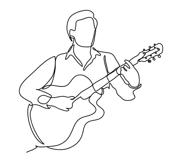 Парень, играющий на гитаре. Векторная иллюстрация. Изолированный на белом фоне. Непрерывный рисунок линии. Векторный монохромный рисунок по линиям . — стоковый вектор
