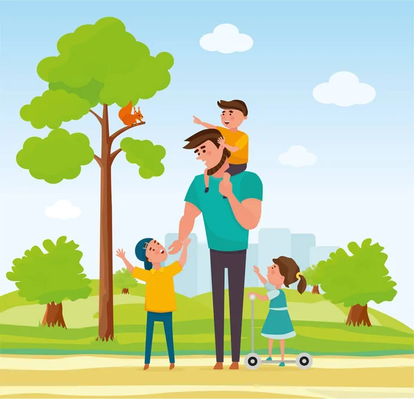 Glücklicher Vater mit drei Kindern im Park. Familie im Park. Konzept der freundlichen Familie und der Sommerferien. Zeichentrickvektorillustration. — Stockvektor