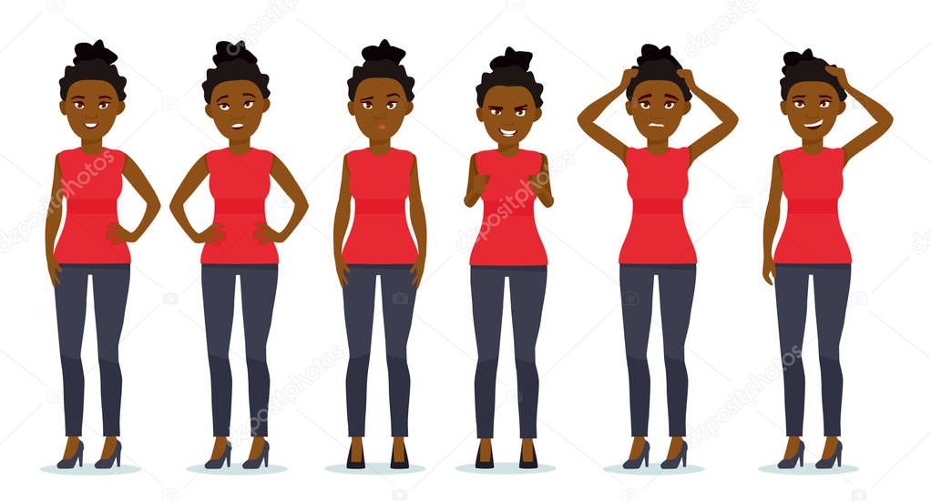 Set of woman's emotions. Facial expression. Set of beautiful african-american girl emotional portraits. Positive and negative female feelings. Vector cartoon illustration of a flat design