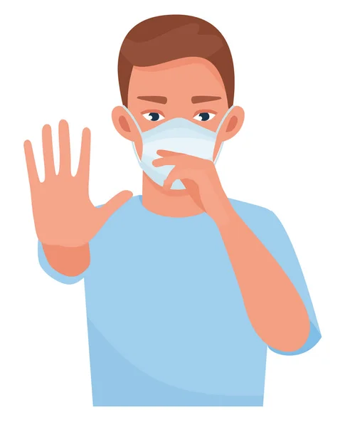 Knappe man weergegeven: gebaar stop. Gezonde man draagt beschermend masker tegen infectieziekten en griep. Health care concept. Cartoon platte vectorillustratie. — Stockvector