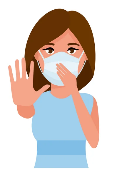 Woman showing gesture stop. Young woman with medicine health care mask against white room background. Cartoon flat vector illustration. — Stock Vector