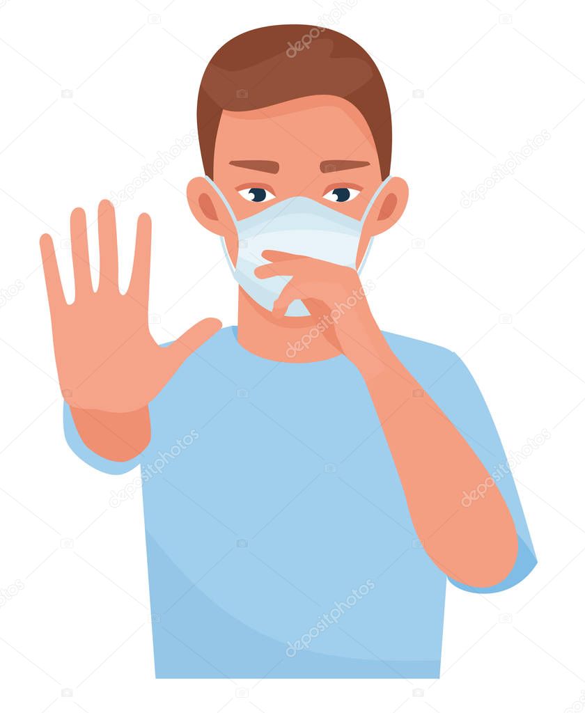 Handsome man showing gesture stop. Healthy man wears protective mask against infectious diseases and flu. Health care concept. Cartoon flat vector illustration.