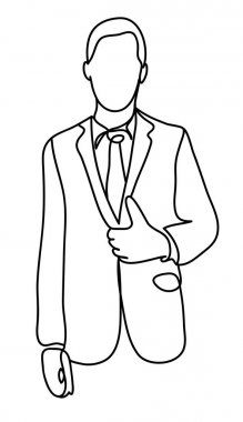 İş ve ofis kavramı - yakışıklı buisnessman gösteren Yaşasın. Sürekli çizgi çizme. Beyaz arka plan üzerinde izole. Vektör tek renkli çizgilerle çizim,