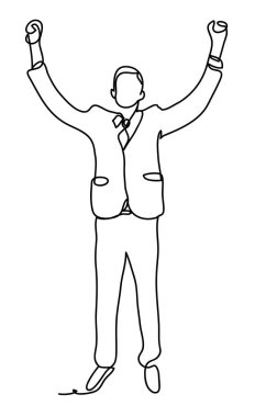 Bir iş adamı mutlu. Zafer. İş kavramı illüstrasyon. Sürekli çizgi çizme. Beyaz arka plan üzerinde izole. Vektör çizimi tek renkli