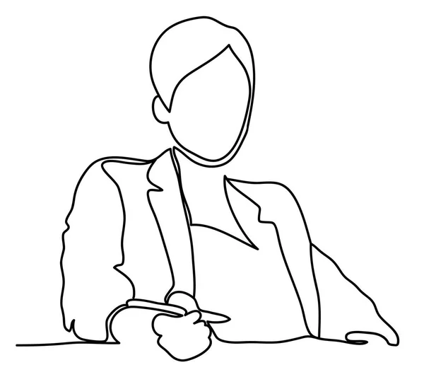 Деловая женщина сидела за своим рабочим столом. Непрерывный рисунок линии. Изолированный на белом фоне. Векторный монохромный рисунок по линиям — стоковый вектор