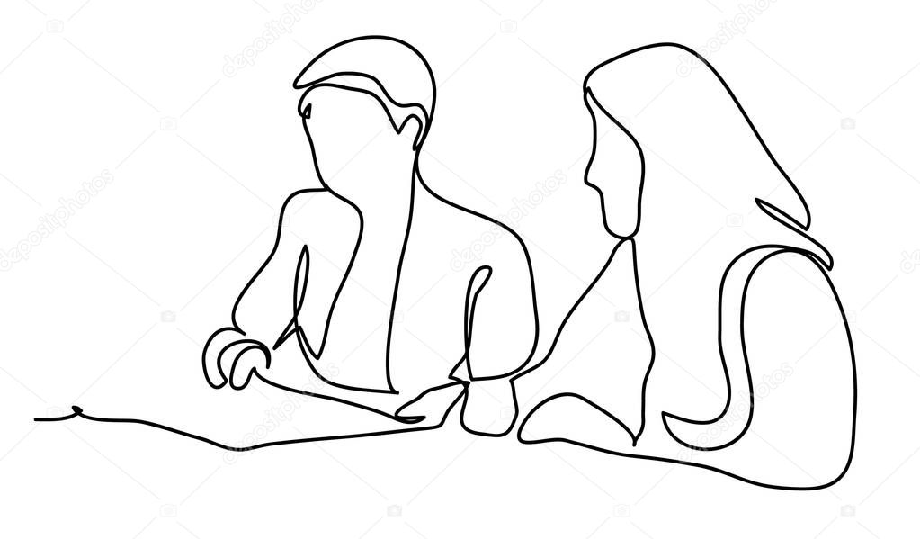 Two business ladies in negotiations. Business concept illustration. Continuous line drawing. Isolated on the white background. Vector illustration monochrome
