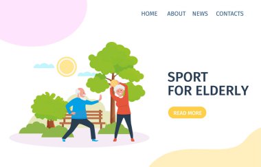 Parkta spor yapan iki yaşlı eş var. Tasarım için iniş sayfası. Düz biçimli vektör illüstrasyonu.