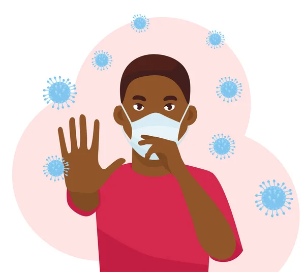 Arrêtez le coronavirus. Illustratine vectorielle de l'épidémie de coronavirus. Humain dans un respirateur et des vêtements de protection avec une main vers le haut . — Image vectorielle