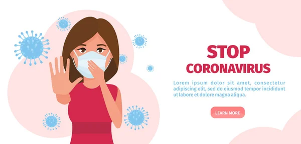 Woman in respirator and protective clothing with a hand up. Stop Coronavirus 2019-nCoV concept. Vector illustration — 스톡 벡터