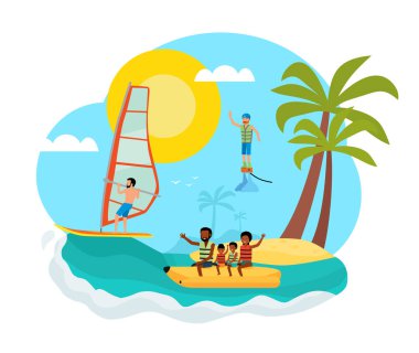 Yaz konsepti vektör düz çizgi film çizimi. Aile tatili. Poster, pankart, kart şablonu.