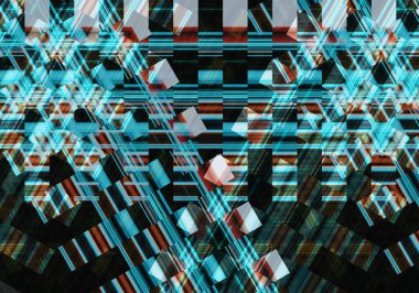 Renkli mozaik çizgiler, üçgenler ve karelerle yaratılmış. Dekoratif şenlik bileşimi.