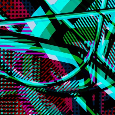 Soyut renkli disko arkaplanı çizgiler, noktalar ve renk lekeleriyle oluşturuldu.