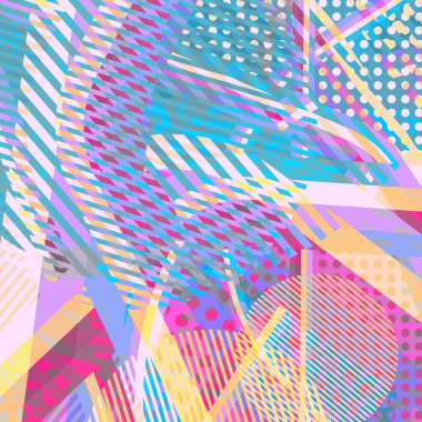 Soyut renkli disko arkaplanı çizgiler, noktalar ve renk lekeleriyle oluşturuldu.
