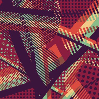 Soyut renkli disko arkaplanı çizgiler, noktalar ve renk lekeleriyle oluşturuldu.