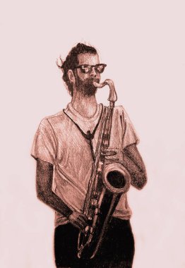 Saksafonda müzik çalan adamın suluboya resmini çiziyorum.
