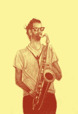 Saksafonda müzik çalan adamın suluboya resmini çiziyorum.