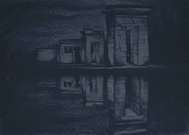 Debod Tapınağı 'nın suluboya resmini çiziyorum.