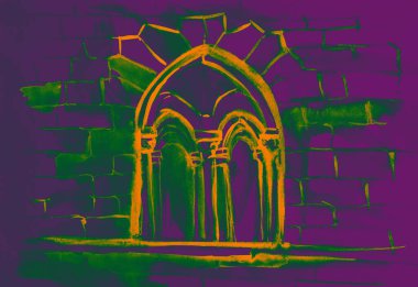 Eski tuğla kalenin suluboya resmi.