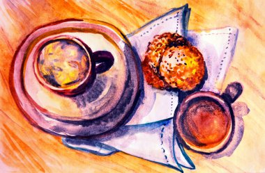 Çay saatinin bir kısmının suluboya resmi 