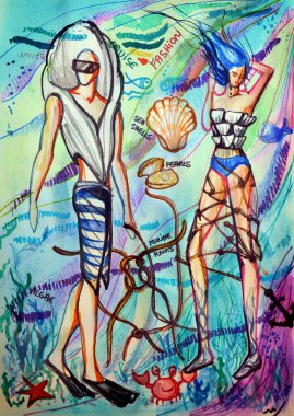 Aqua modasının el çizimi suluboya resmi