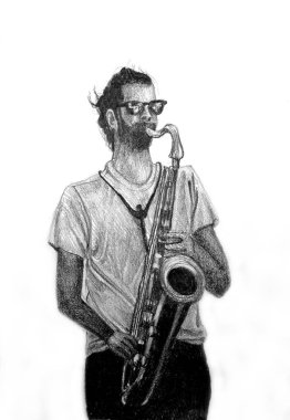 Saksafonda müzik çalan adamın suluboya resmini çiziyorum.