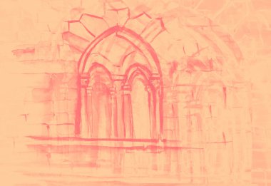 Eski tuğla kalenin suluboya resmi.