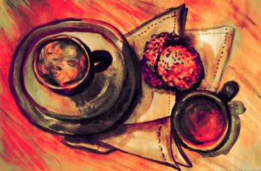 Çay saatinin bir kısmının suluboya resmi 