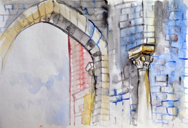 El, kemerli antik şatonun suluboya resmini çiziyor.